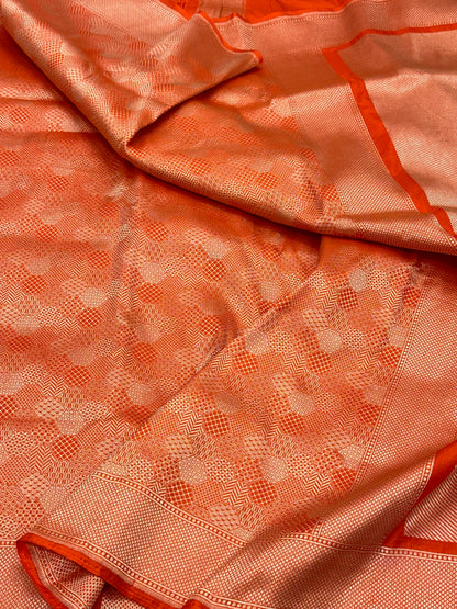 Orange Pure Mulberry Katan Silk Handloom Banarasi Brocade Saree