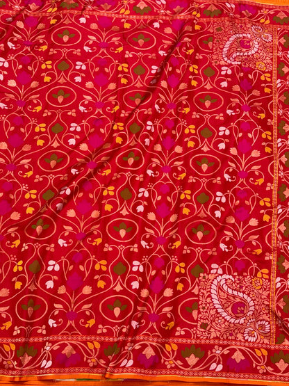Deep Red Pure Mulberry Double Katan Silk Jamdani Handloom Banarasi Saree | Ektara Weave |