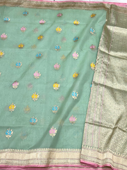 Sea Green Pure Mulberry Kora Silk Handwoven Banarasi Saree | Kadhwa Technique | The Art Of Draping