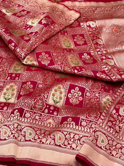 Red Pure Katan Silk & Mulberry Silk Handloom Banarasi Sareee - Brocade Weave