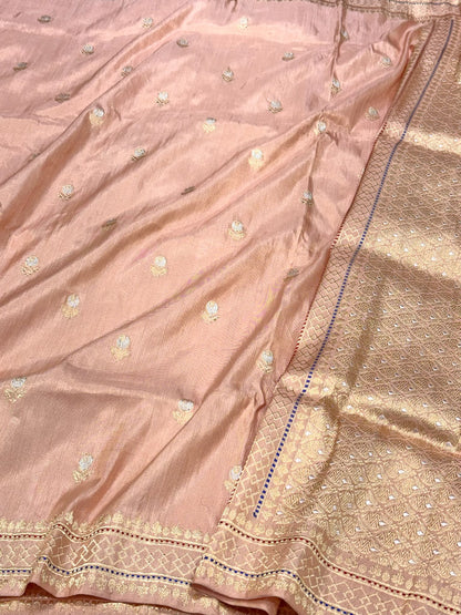 Peach Pure Mulberry Katan Silk & Tissue Silk Handwoven Banarasi Saree - Kadhwa Weave Timeless Heritage