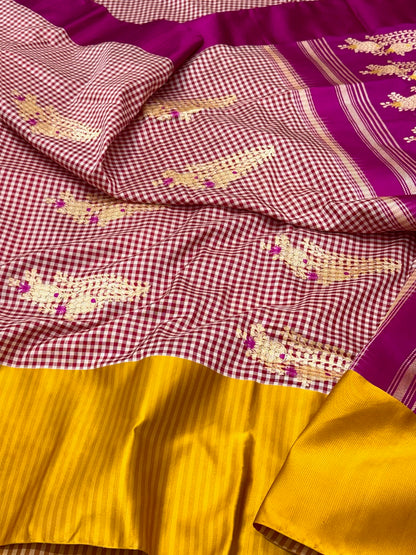 Magenta Pink Pure Katan Mulberry Silk Handwoven Banarasi Contemporary Saree | Kadhwa Weave | The Modern Royal