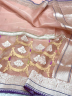 Peach Pure Kora Silk Handwoven Banarasi Half & Half Saree