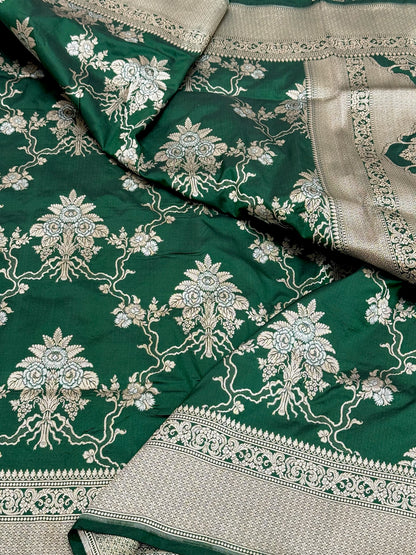 Bottle Green Pure Katan Silk Handloom Banarasi Saree