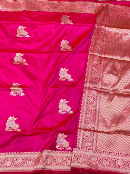 Reddish Pink Pure Mulberry Silk & Pure Katan Silk - Kadhwa Technique Handwoven Banarasi Saree