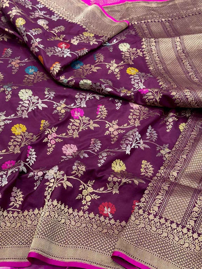Wine Pure Mulberry Katan Silk Handwoven Banarasi Saree | Kadhwa Weave |