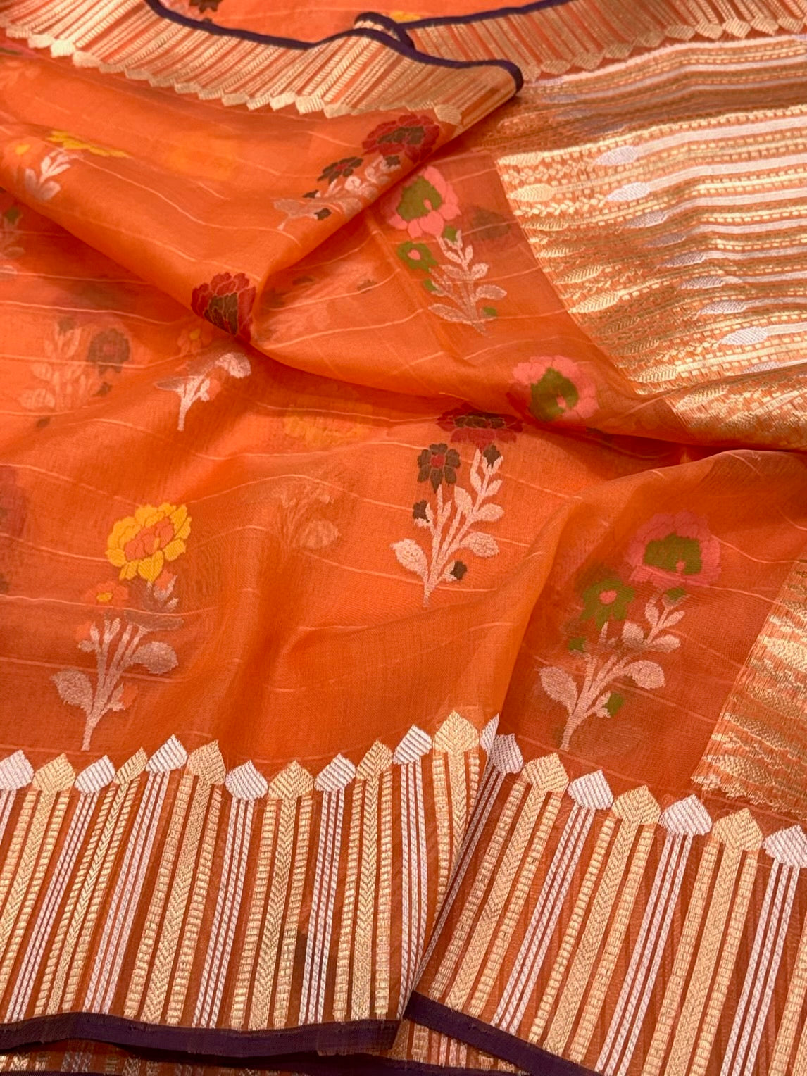 Orange Pure Kora Organza Silk Jamdani | Ektara Technique Handwoven Banarasi Saree