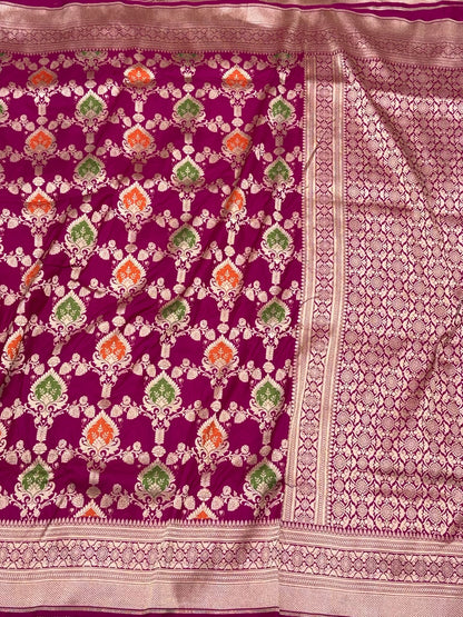 Rani Pink Pure Katan Mulberry Silk Handloom Banarasi Meenakari Saree - Modern Jaal