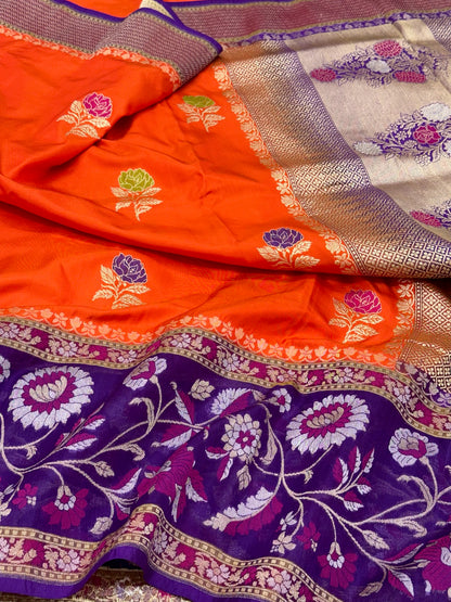 Orange Pure Mulberry Katan Silk Handwoven | Kadhwa + Kadhiyal | Banarasi Saree - Drape In Distinction