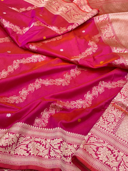 Rani Pink Dual Tone Pure Katan Mulberry Silk Handwoven Banarasi Saree