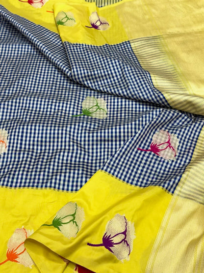 Navy Blue/ Yellow Pure Katan Mulberry Silk - Kadhwa Weave Handwoven Contemporary Banarasi Saree