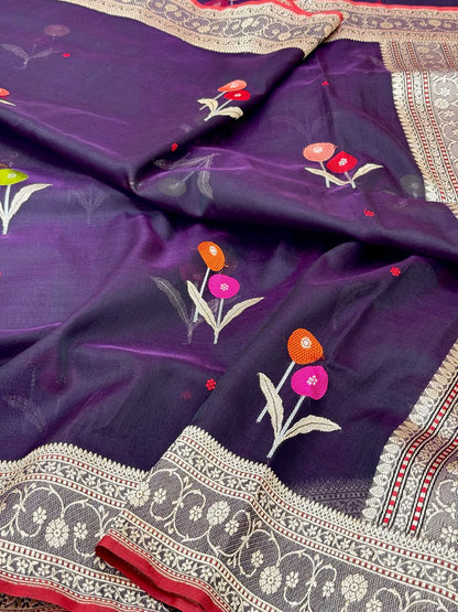 Dark Violet Pure Mulberry Kora Silk Handwoven Authentic Banarasi Modern Saree - Kadhwa Ektara Weave