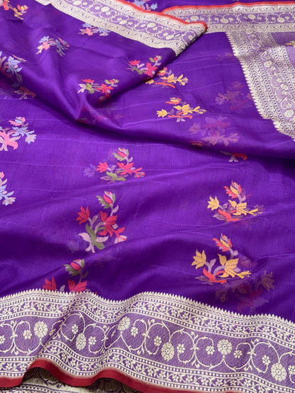 Purple Pure Kora Mulberry Silk handwoven Banarasi saree - Ektara Jamdani Weave