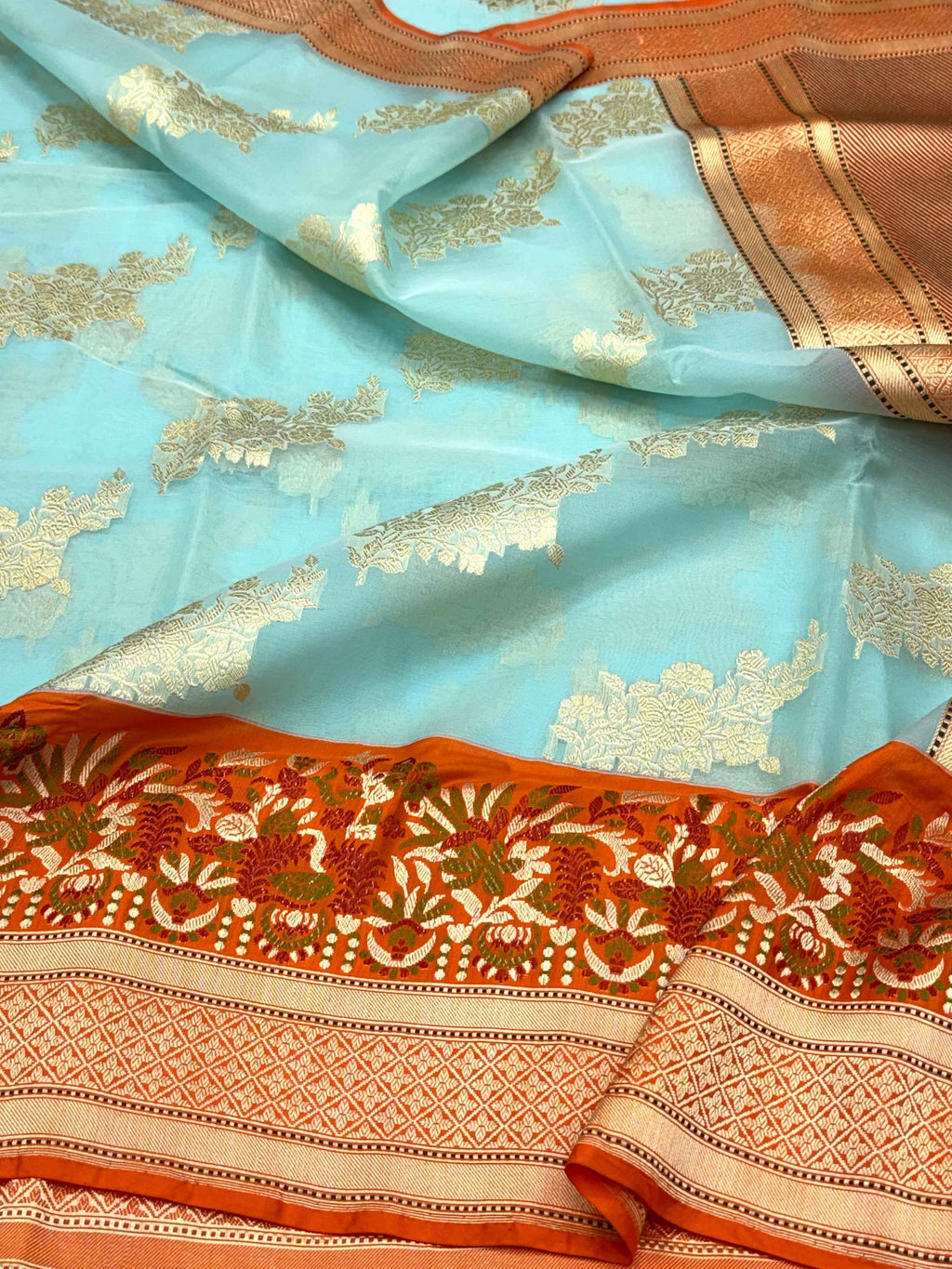 Sky Blue/Orange Pure Kora Silk Modern Handwoven Banarasi Saree-Kadhuwa Weave