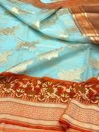 Sky Blue/Orange Pure Kora Silk Modern Handwoven Banarasi Saree-Kadhuwa Weave