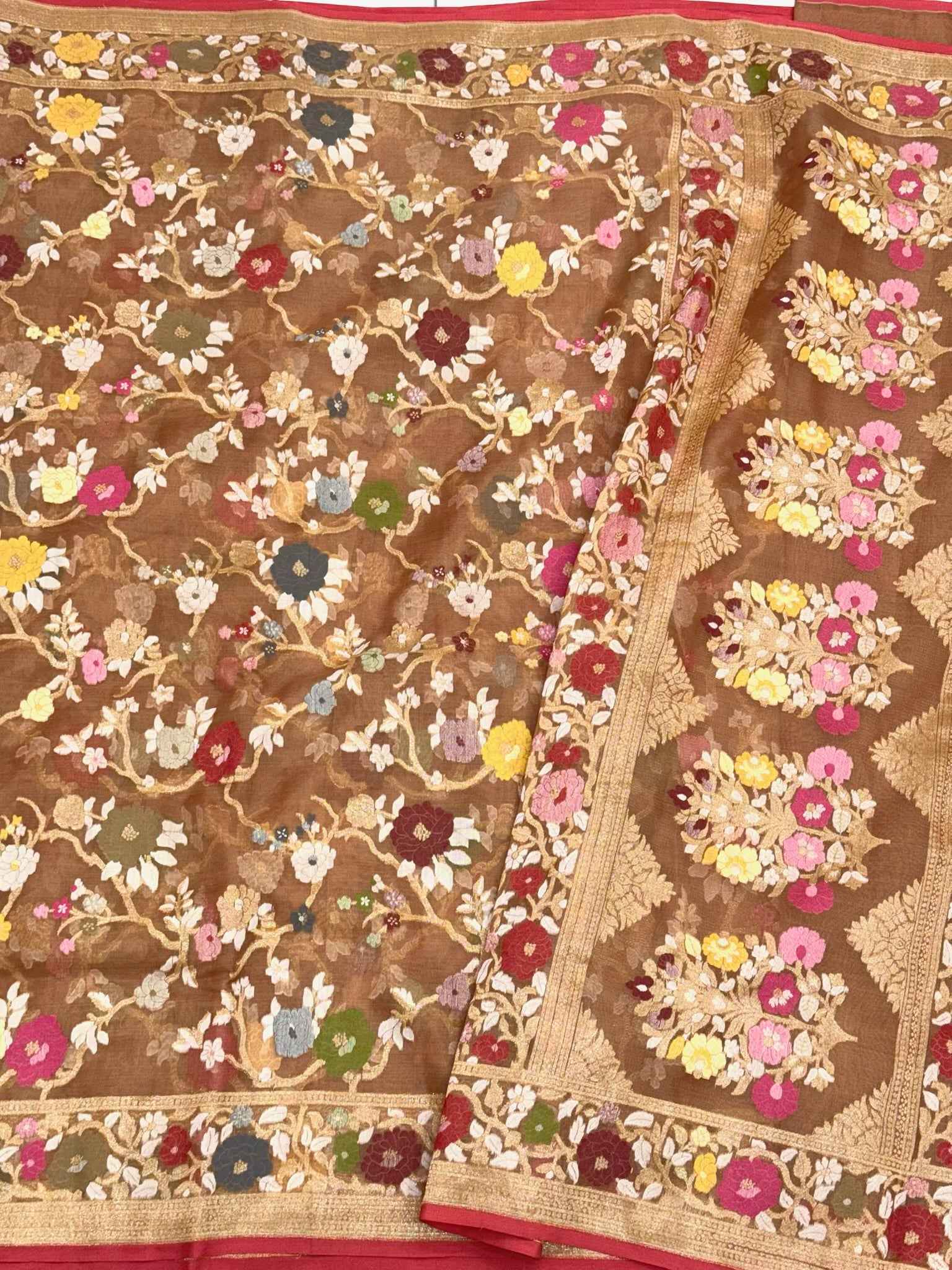 Brown Banarasi Handloom Saree | Pure Kora Mulberry Silk Jamdani Ektara Saree