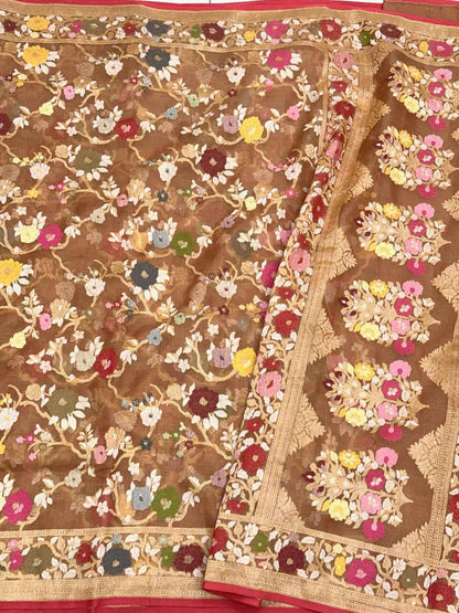 Brown Banarasi Handloom Saree | Pure Kora Mulberry Silk Jamdani Ektara Saree