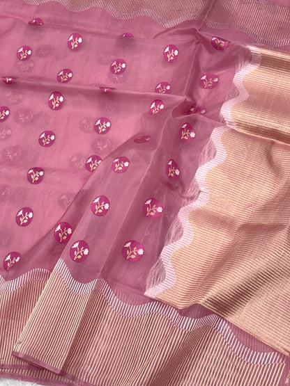 Mauve Pink Pure Kora Silk Handwoven Saree
