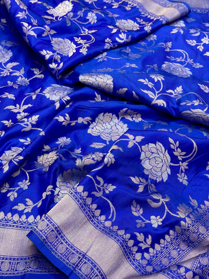 Blue Pure Katan Mulberry Silk Handloom Saree | Ektara Jamdani Banarasi Saree