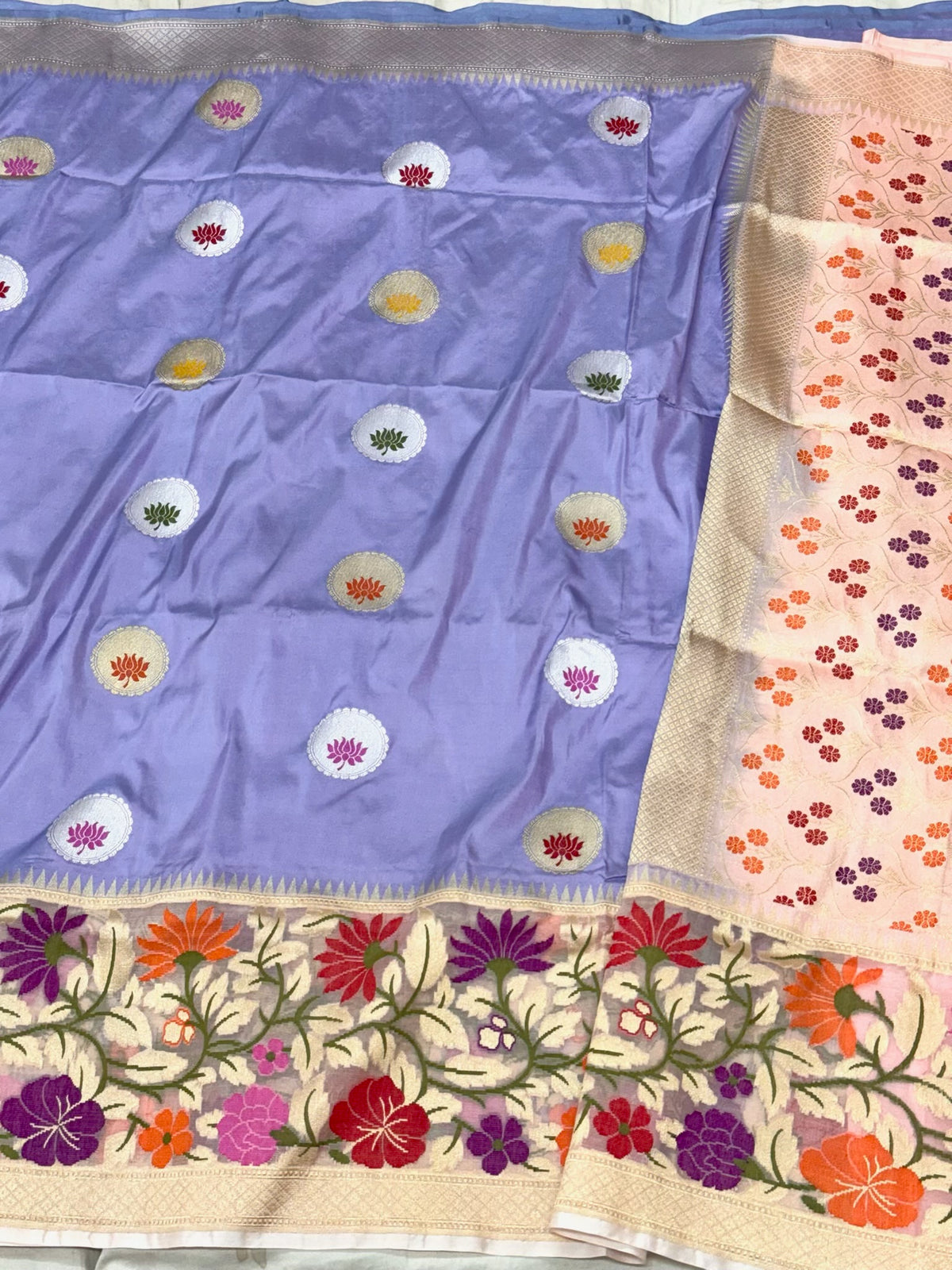 Lavender Pure Mulberry Katan Silk | Kadhwa + Kadhiyal Technique | Handwoven Banarasi Saree
