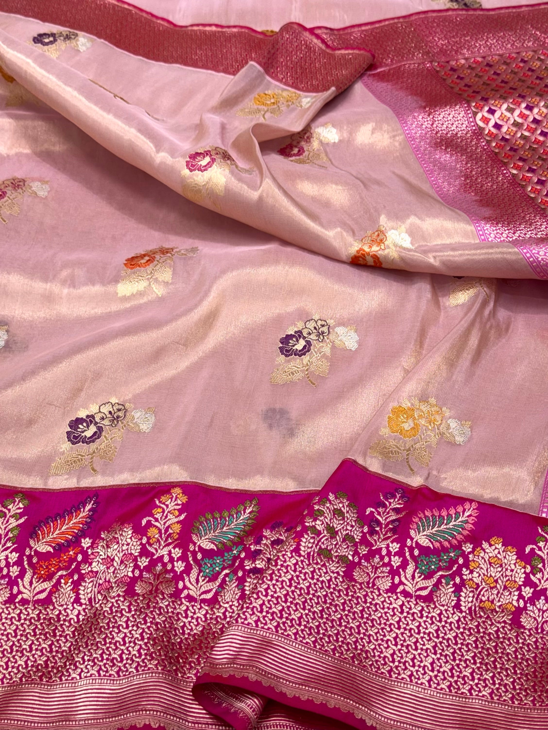Rose Gold Pure Kora Tissue Silk Handwoven Banarasi Saree