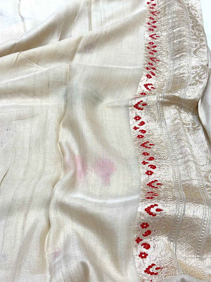 Ivory Pure Tussar Georgette Silk Kadhwa Technique Handwoven Banarasi Saree
