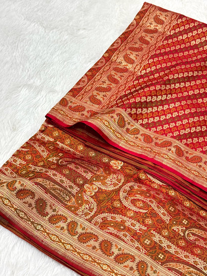 Red Pure Satin Silk Handwoven Banarasi Saree |Tanchoi|