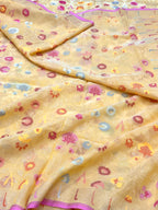 Pastel Yellow Pure Muslin Cotton Jamdani Handloom Banarasi Dupatta