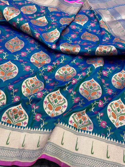 German Blue Pure Katan Silk & Pure Mulberry Silk Handloom Banarasi Saree