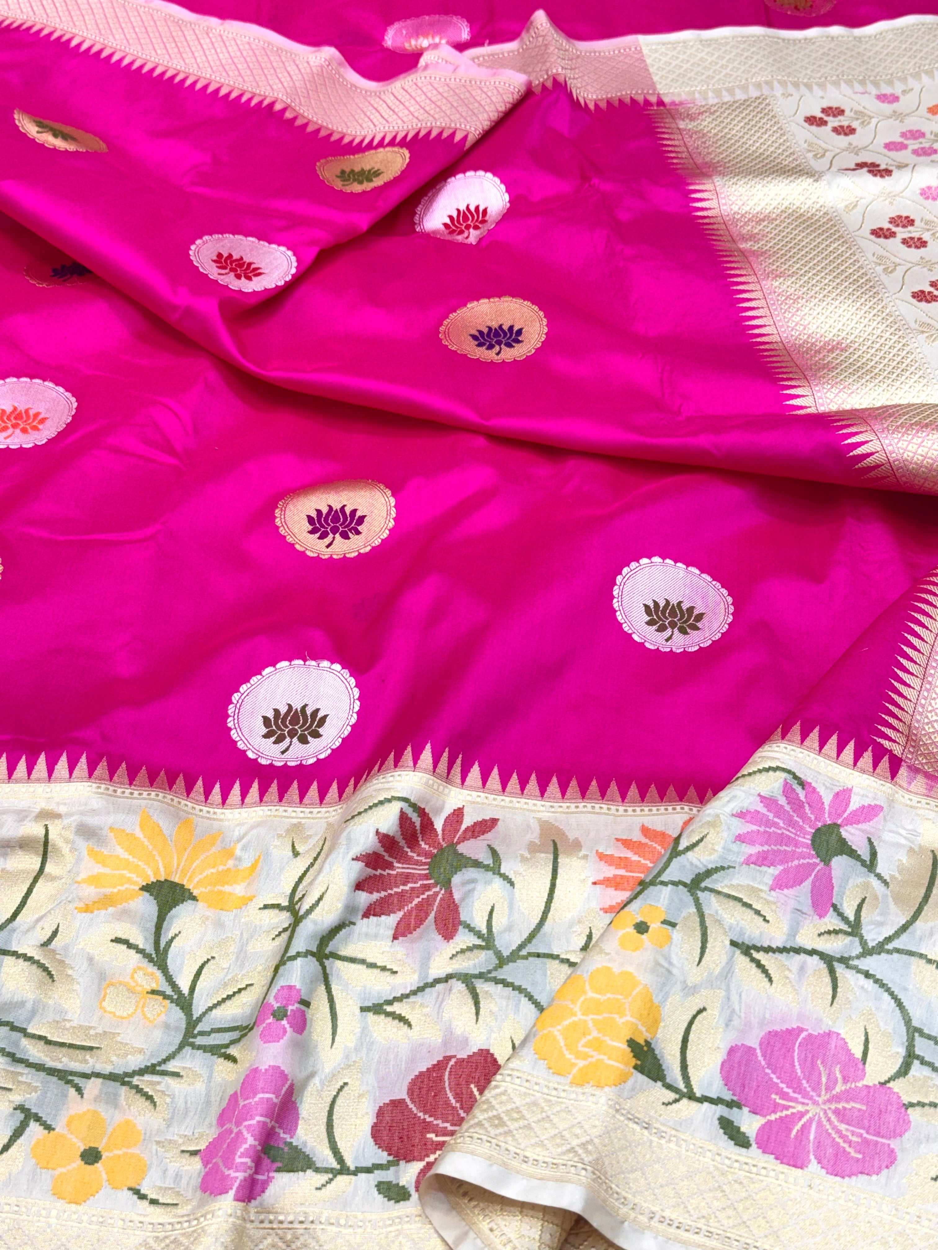 Rani Pink Pure Mulberry Katan Silk Handwoven Banarasi Saree