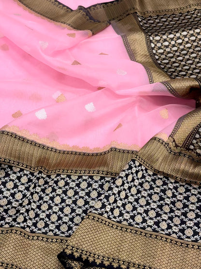 Soft Pink Handwoven Banarasi Saree | Pure Banarasi Organza Saree | Kadhwa - Pure Kora Mulberry Silk Saree