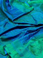 Blue/Green Pure Mashru Silk - Pure Satin Silk Handwoven Banarasi Kadhwa Saree | Dual Tone Tanchoi Saree
