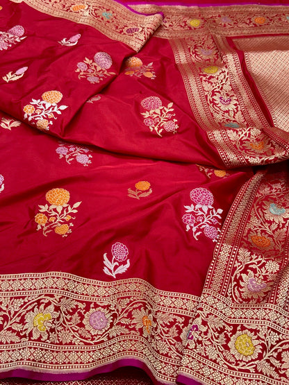 Red Pure Mulberry Katan Silk | Kadhwa Weave | Handwoven Banarasi Saree