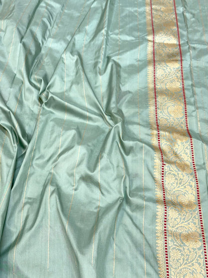 Dusty Sea Green Pure Double Katan Mulberry Silk | Kadhwa Technique | Handwoven Modern Authentic Banarasi Saree