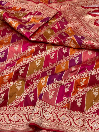 Red Pure Katan Mulberry Silk | Kadhwa Technique | Premium Banarasi Handwoven Contemporary Rangkaat Saree