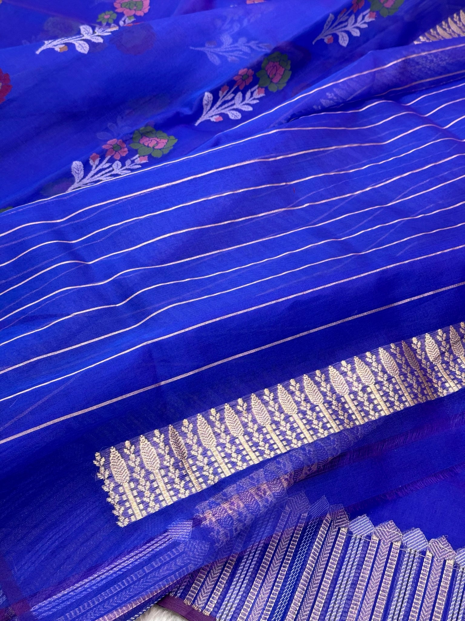 Blue Pure Kora Organza Jamdani Handwoven Banarasi Saree