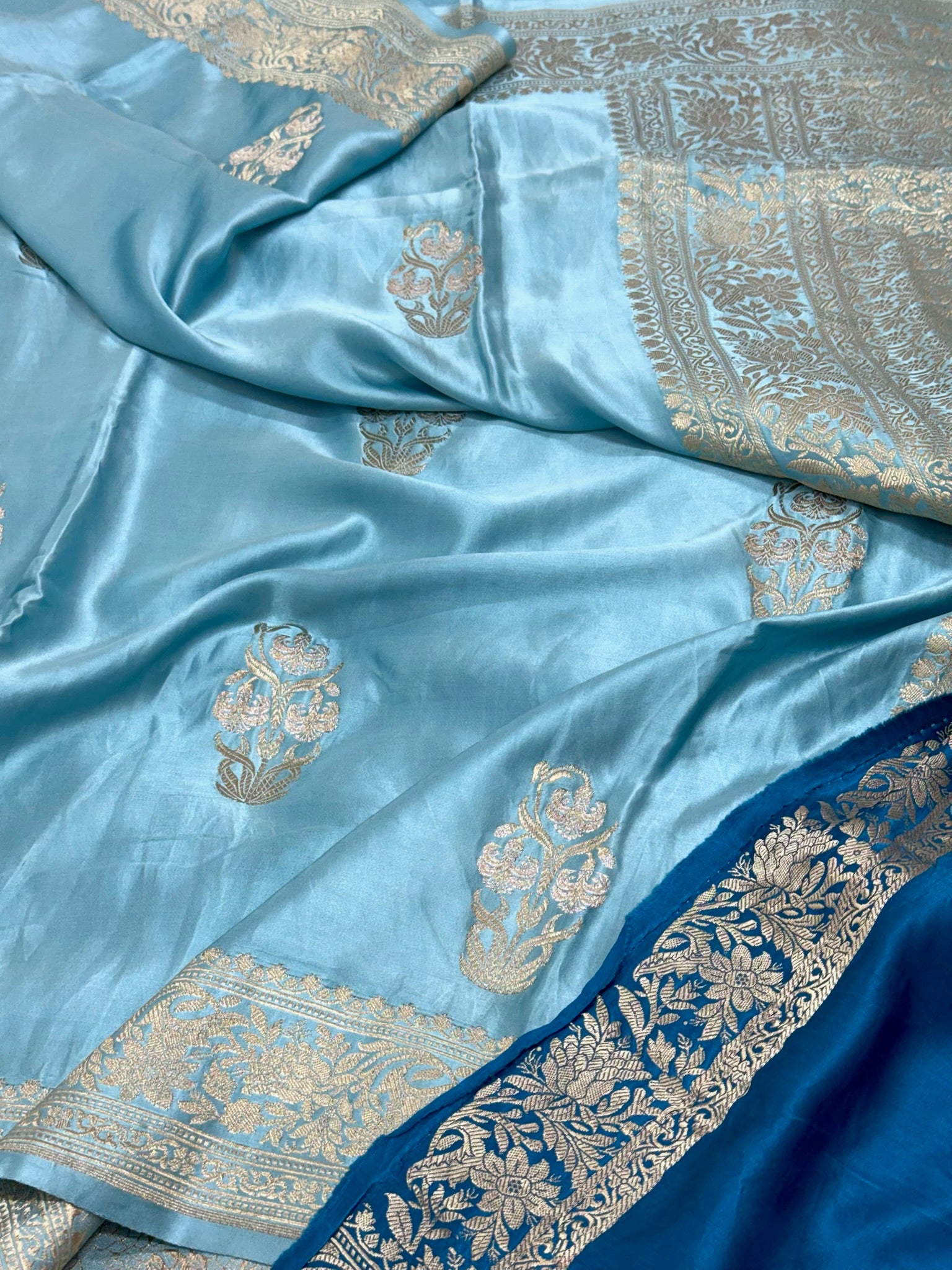 Sky Blue Pure Mashru Satin Silk Handwoven Banarasi Saree