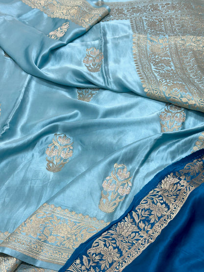 Sky Blue Pure Mashru Satin Silk Handwoven Banarasi Saree