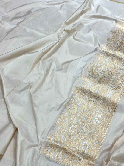 Off White Pure Katan Silk & Mulberry Silk Handwoven | Kadhwa Technique | Traditional Banarasi Saree