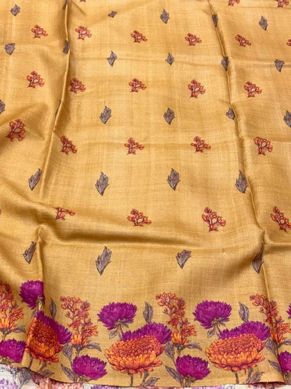 Mustard Yellow Pure Tussar Silk Handloom Printed Banarasi Saree - Soft Lightweight Banarasi Saree