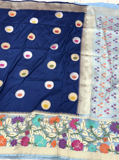 German Blue Pure Mulberry Katan Silk | Kadhwa + Kadhiyal Technique | Handwoven Banarasi Saree