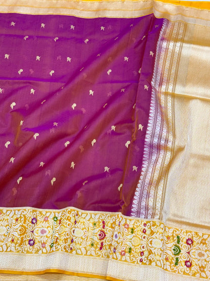 Purple/Dual Tone Pure Kora Mulberry Silk Handwoven Modern Contemporary Banarasi Saree