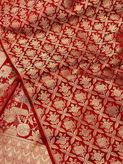 Red Satin Silk Pure Handwoven Lahenga