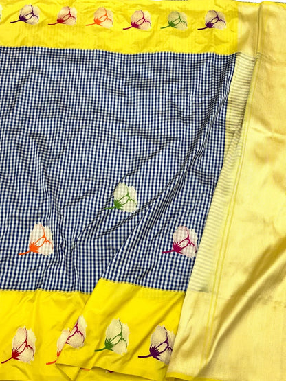 Navy Blue/ Yellow Pure Katan Mulberry Silk - Kadhwa Weave Handwoven Contemporary Banarasi Saree