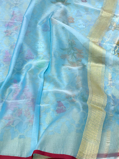 Sky Blue Pure Mulberry Kora ( Organza ) Silk Ektara Jamdani Handloom Banarasi Saree