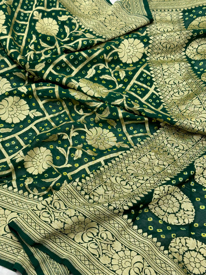 Emerald Green Pure Chiffon Georgette Banarasi Bandhej Saree