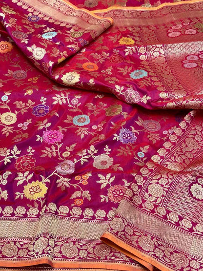 Raspberry Pink Pure Katan Silk & Pure Mulberry Silk Kadhwa Authentic Premium Banarasi Saree