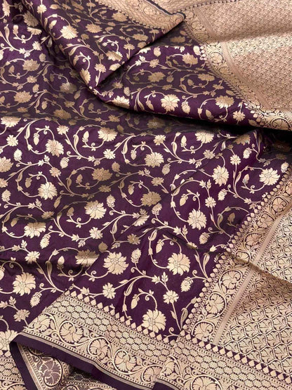 Wine Pure Katan Silk & Pure Mulberry Silk Banarasi Saree - Handcrafted Luxury Handloom Saree