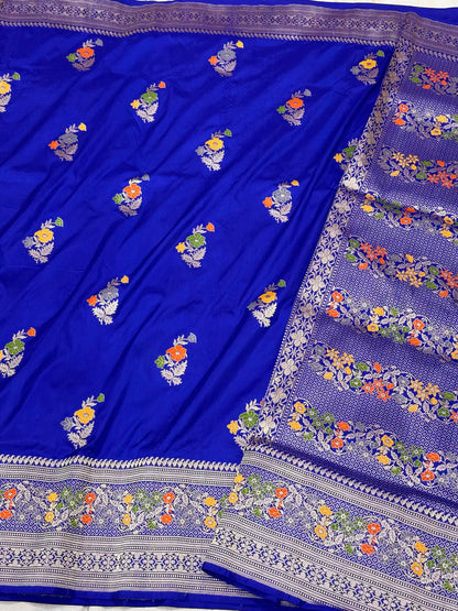 Blue Pure Katan Silk & Pure Mulberry Silk | Kadhwa Technique | Handwoven Banarasi Saree