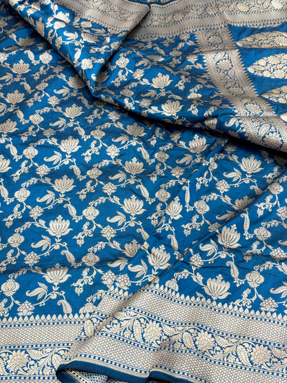 Blue Pure Mulberry Katan Silk Banarasi Handloom Saree